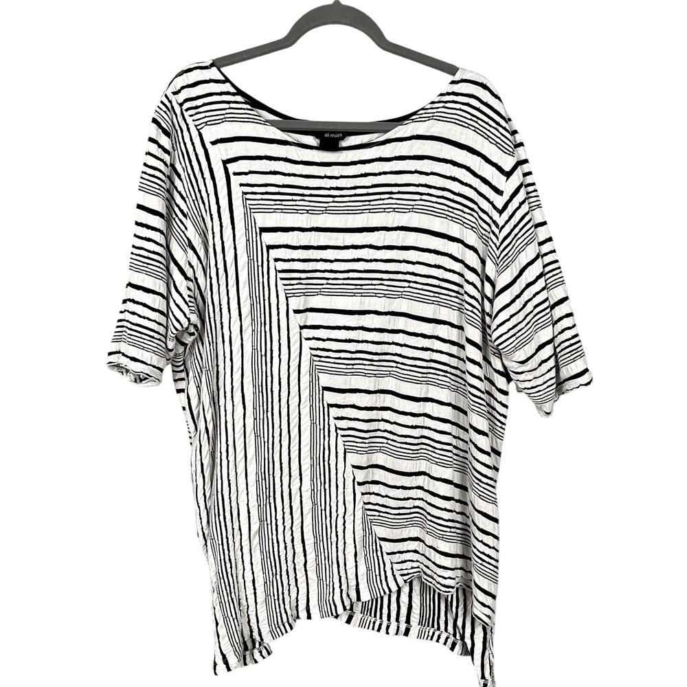 Ali Miles Striped Blouse Size 3X Black White Textured Stretch Asymmetrical Top